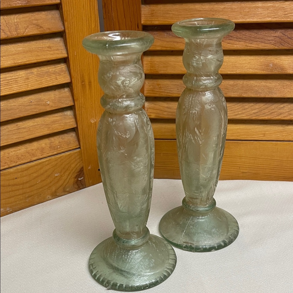 Green Recycled Glass Candlestick Pair - Made in Spain - Picture 12 of 13